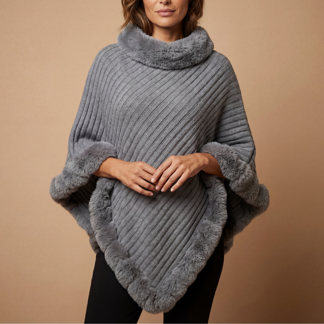 Bianca | Poncho in Maglia con Bordo in Eco-Pelliccia - Ivano.