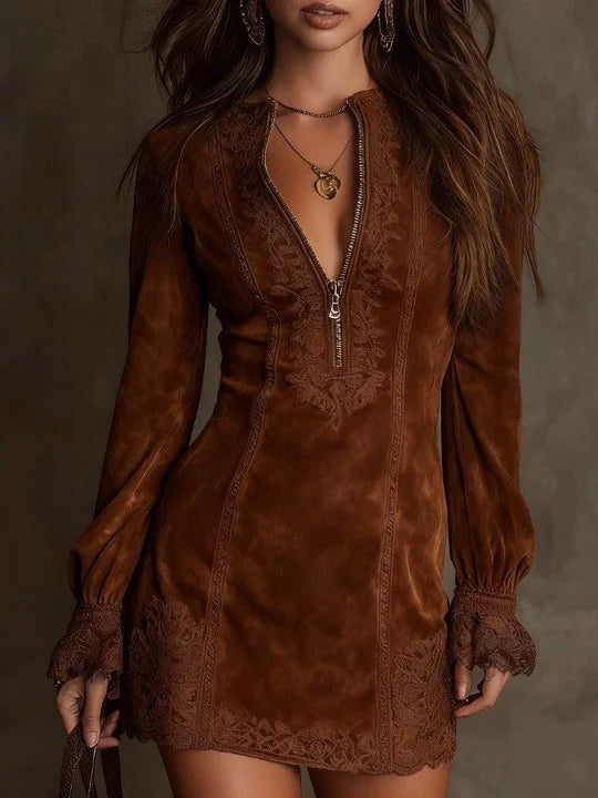 Giulia | Abito Mini Scamosciato con Pizzo - Ivano.