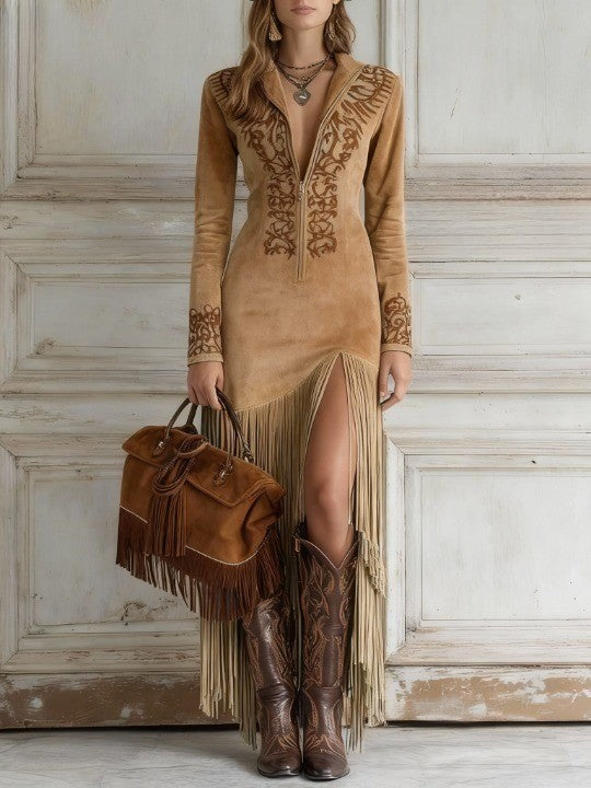 Abito Maxi Ricamato Stile Western in Effetto Suede - Ivano.